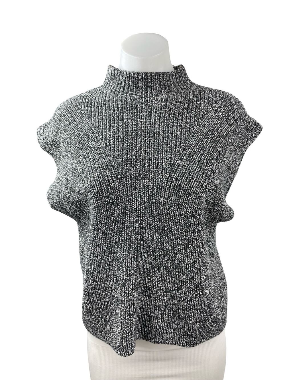 Massimo Dutti Gray Marled Cap Sleeve Mock Neck Ribbed Knit Sweater Top Size XS